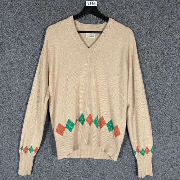 Hand Intarsia Cashmere Made in Great Britain V Neck Argyle Sweater Men's Size M